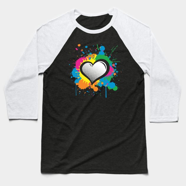 Love Heart Multi Color Paint Splash Splatter Baseball T-Shirt by fizzyllama